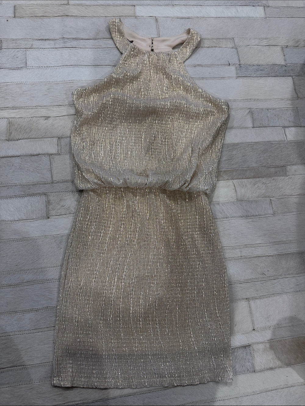 Just Me Gold Metallic Halter Mini Dress